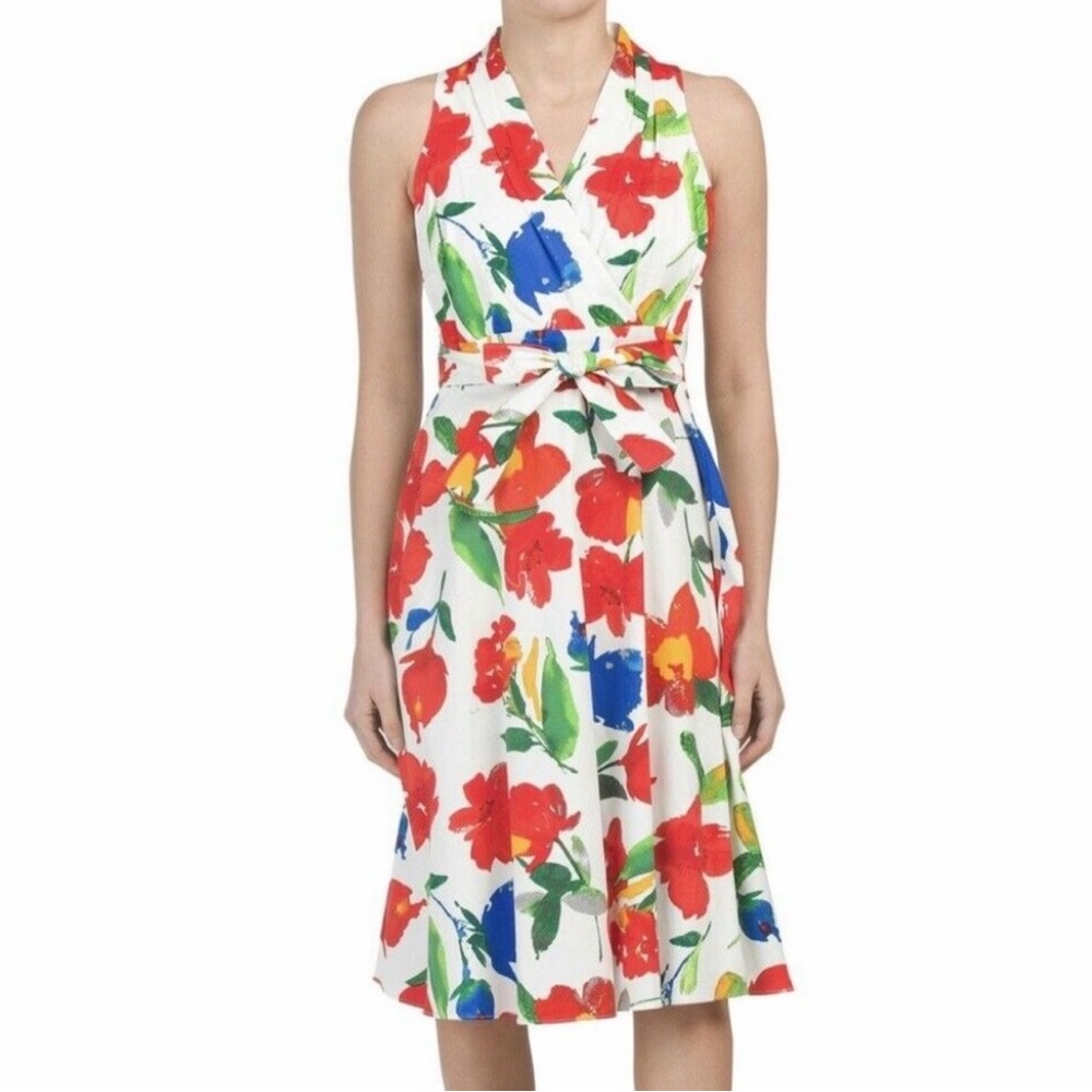 London Times White Halter Dress with Red, Blue and Green Floral Print - Picture 6 of 7